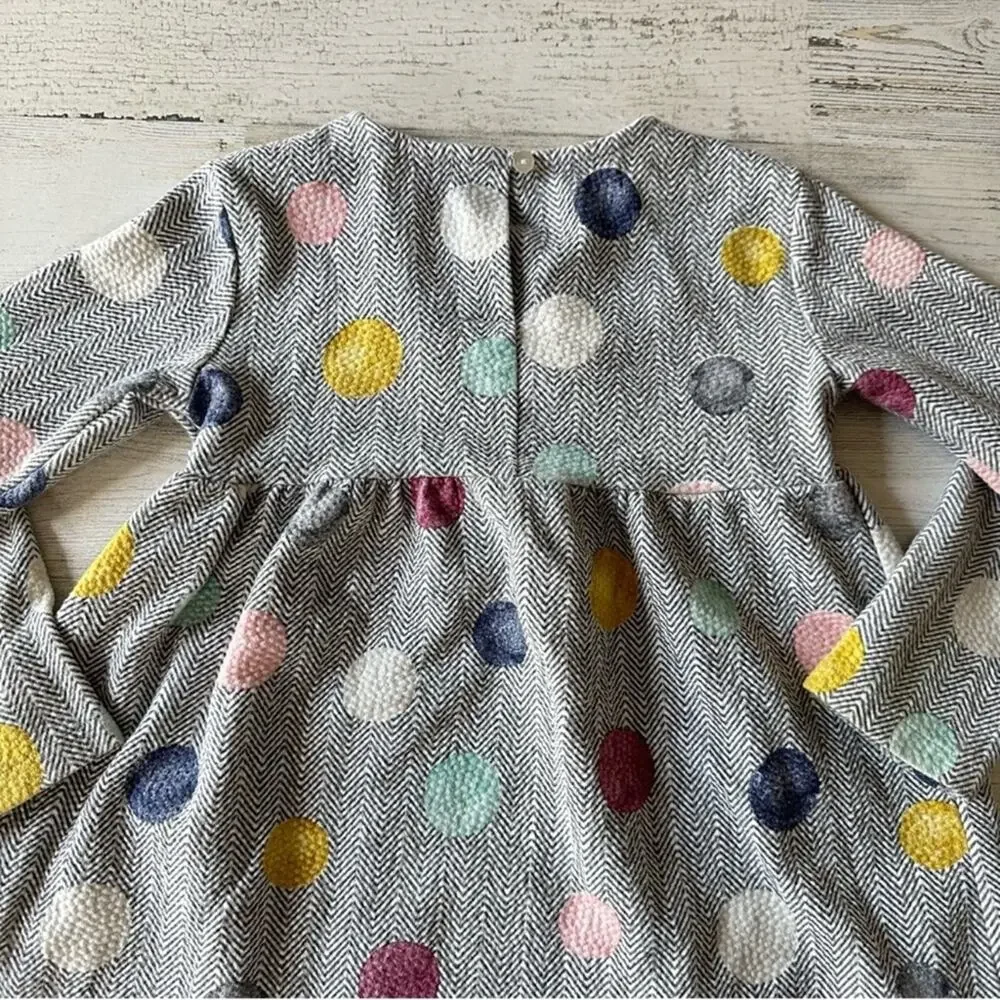 🍁 Zara Girls 6-9M Herringbone Polka Dot Lightweight Long Sleeve Dress Grey White